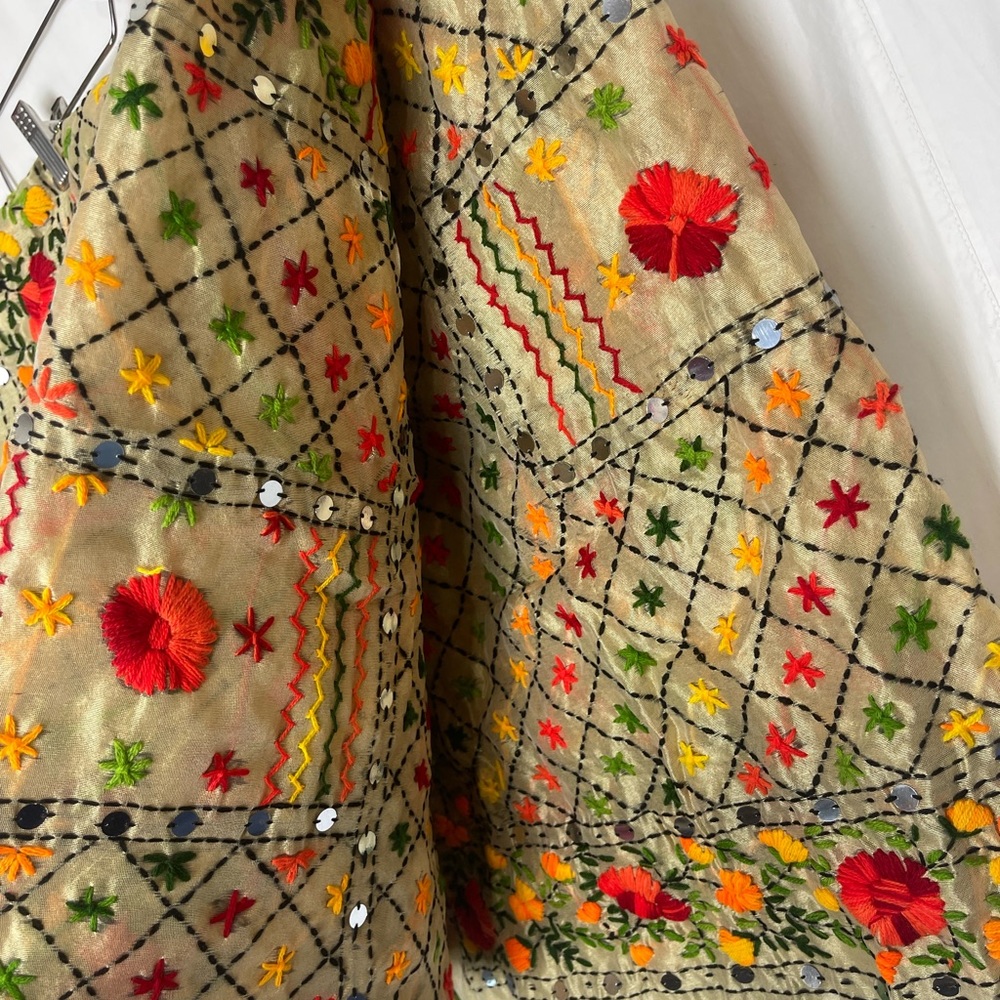 Shawl Green Pom Pom long Duppatta Raw Silk handmade mirror and thread scarf long - Picture 7 of 8